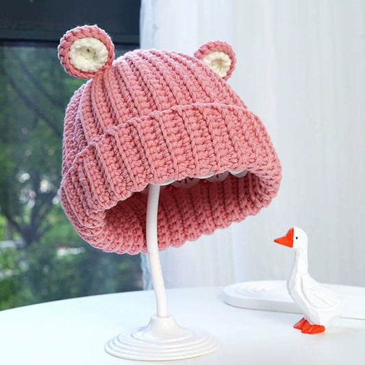 DIY Crochet Kit for Beginners, Includes Crochet Yarn Crochet Hooks, Pink Hat with Bear Ears for Kids and Babies