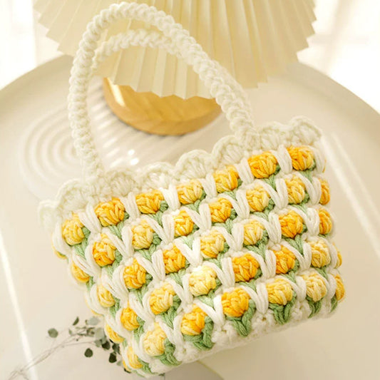 DIY Crochet Kit for Beginners, Includes Crochet Yarn Crochet Hooks, Yellow Retro Flower Basket Style Handbag
