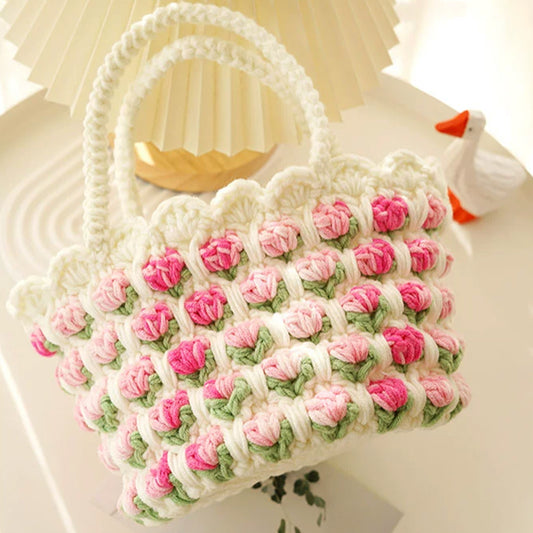 DIY Crochet Kit for Beginners, Includes Crochet Yarn Crochet Hooks, Pink Retro Flower Basket Style Handbag