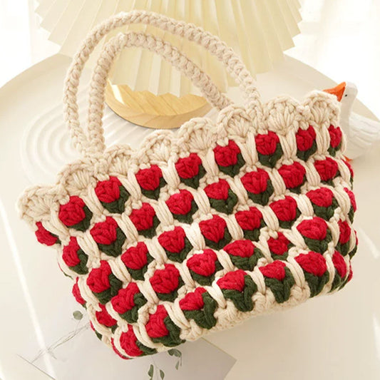 DIY Crochet Kit for Beginners, Includes Crochet Yarn Crochet Hooks, Red Retro Flower Basket Style Handbag