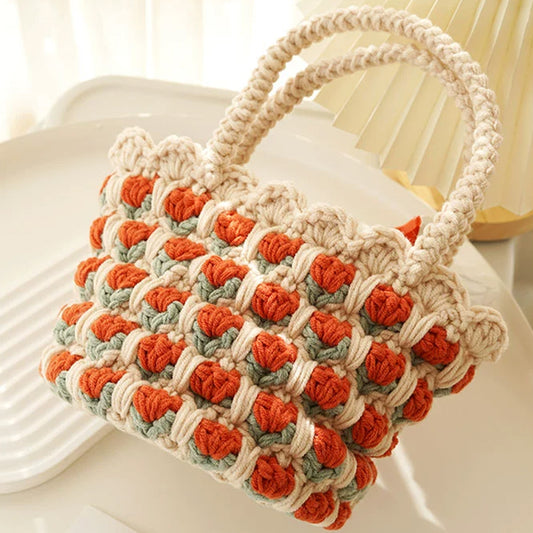 DIY Crochet Kit for Beginners, Includes Crochet Yarn Crochet Hooks, Orange Retro Flower Basket Style Handbag